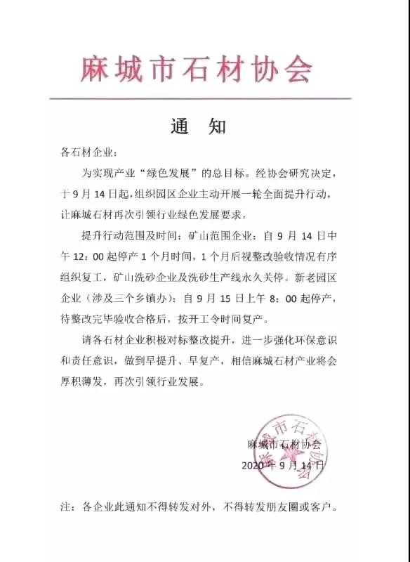 麻城市将对石材工业企业实施进行环保督察,自9月15日起停产整顿一个月 麻城市将对石材工业企业实施进行环保督察,自9月15日起停产整顿一个月
